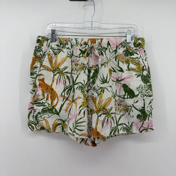 Rachel Zoe Pants - Rachel Zoe Womens Large White Tropical‎ Jungle Linen Drawstring Shorts Leopard